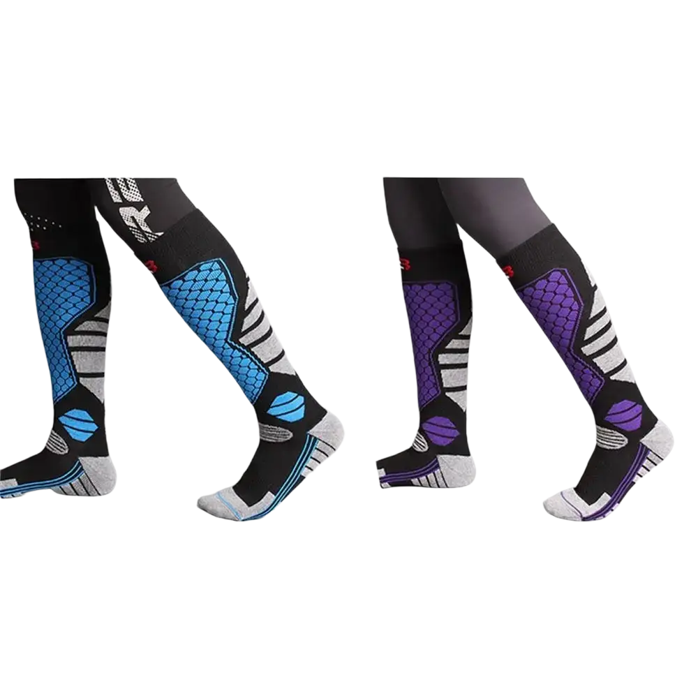 Thermal knee high ski socks in blue and black feature athletic compression and mesh pattern for men 45cm length