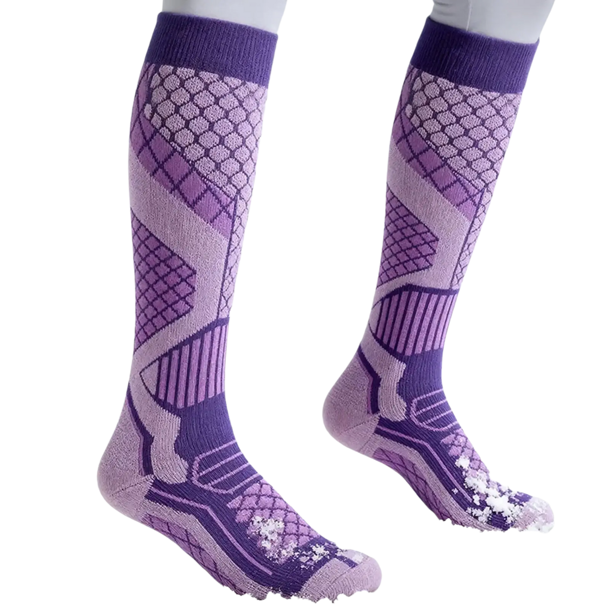 Purple and lavender patterned thermal ski socks with compression support made of polyester fiber and geometric design