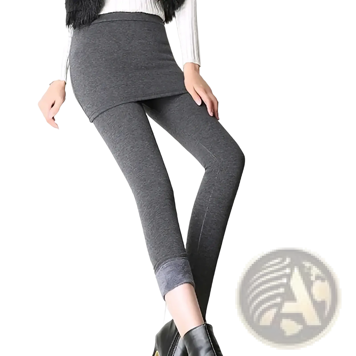 Gray thermal skirt leggings with fleece lining for warmth featuring a form-fitting design and built-in skirt overlay