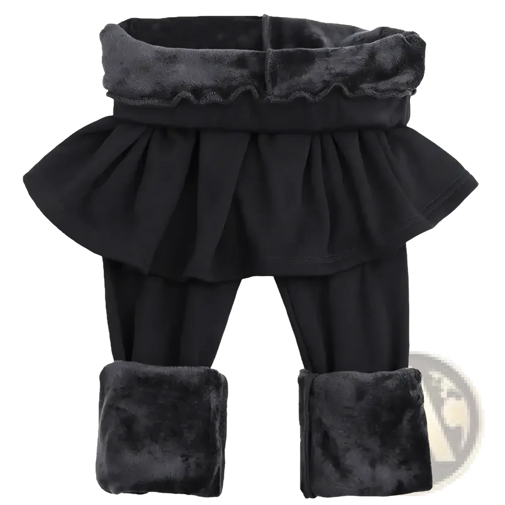 Black toddler thermal skirt leggings with plush faux fur trim and ruffled tiered fleece lined winter pants