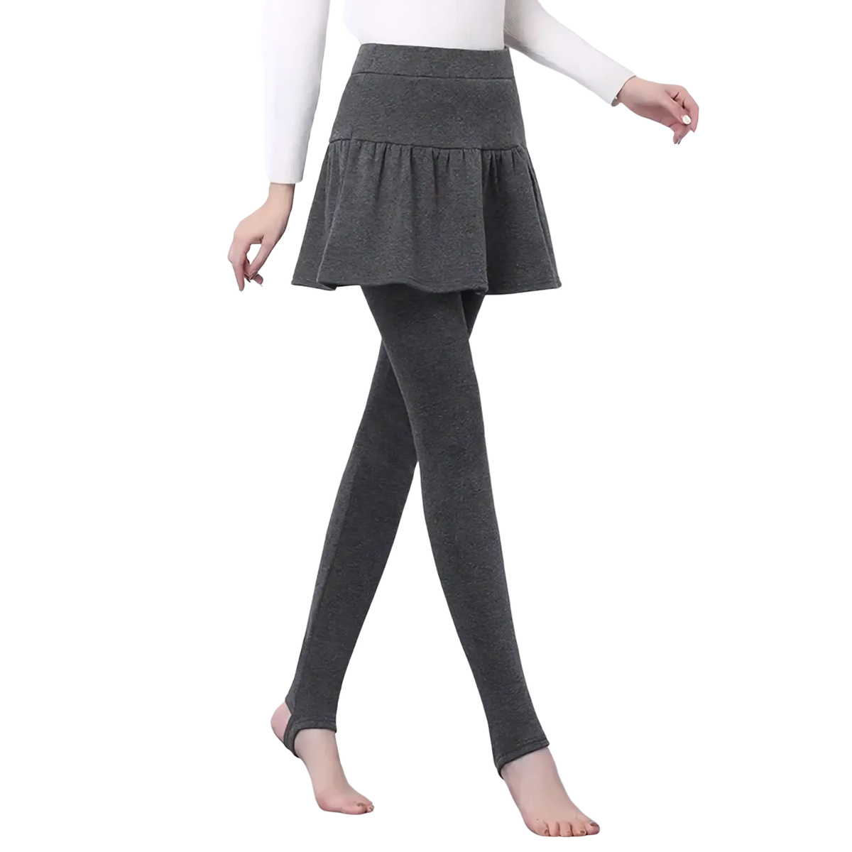 Gray textured thermal skirt leggings with fleece lining for winter featuring a flared skirt overlay