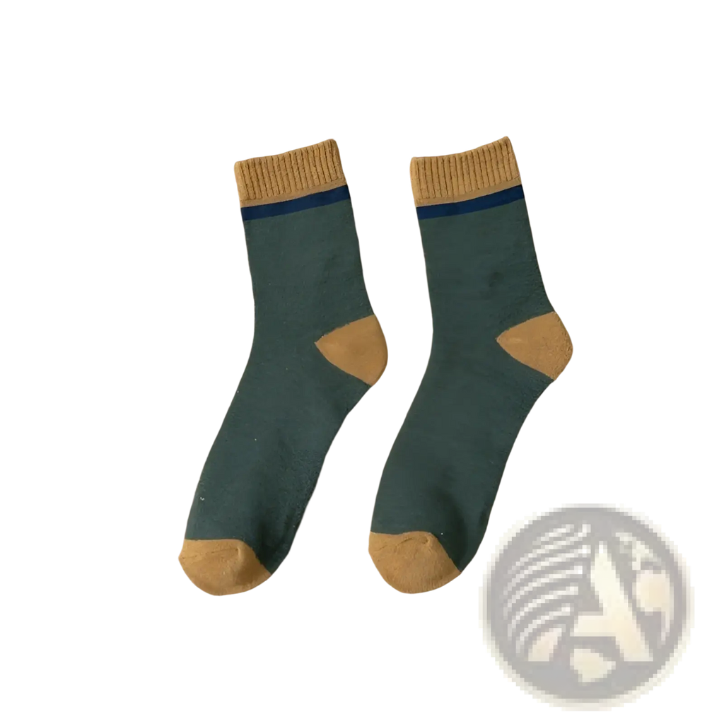 Thermal terry tube socks for men in army green with tan toe heel accents and a navy blue stripe near the cuff