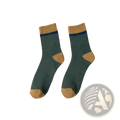 Thermal terry tube socks for men in army green with tan toe heel accents and a navy blue stripe near the cuff