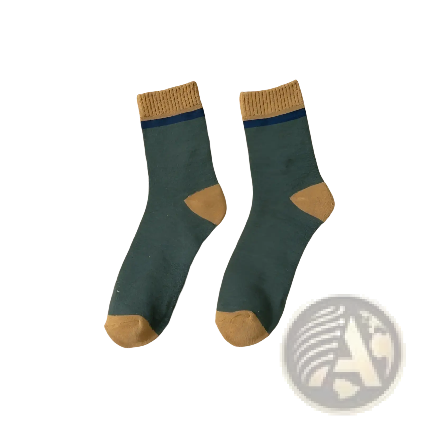 Thermal terry tube socks for men in army green with tan toe heel accents and a navy blue stripe near the cuff