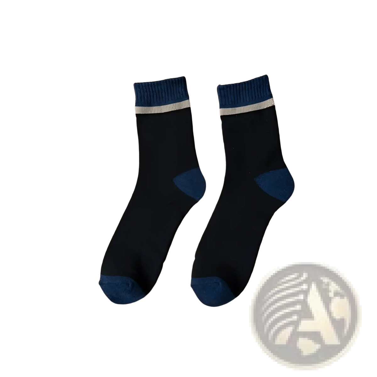 Black thermal terry tube socks for men with navy toe and heel and ribbed cuff with white stripe accents