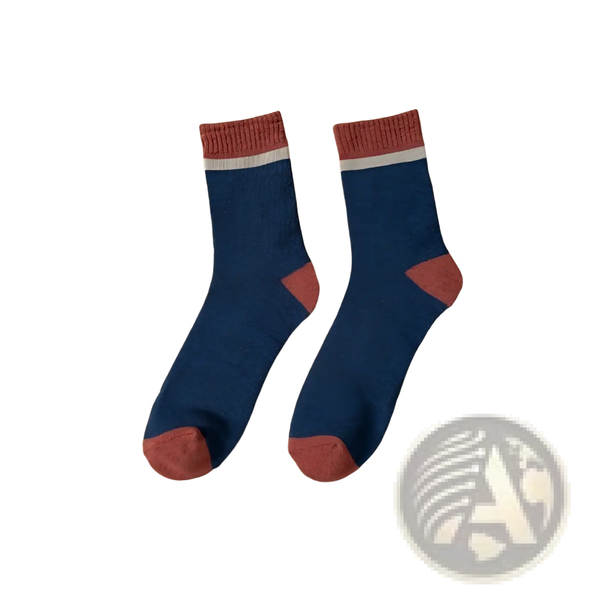 Thermal terry tube socks for men in navy blue with rust-colored toe and heel accents and a white stripe at the cuff