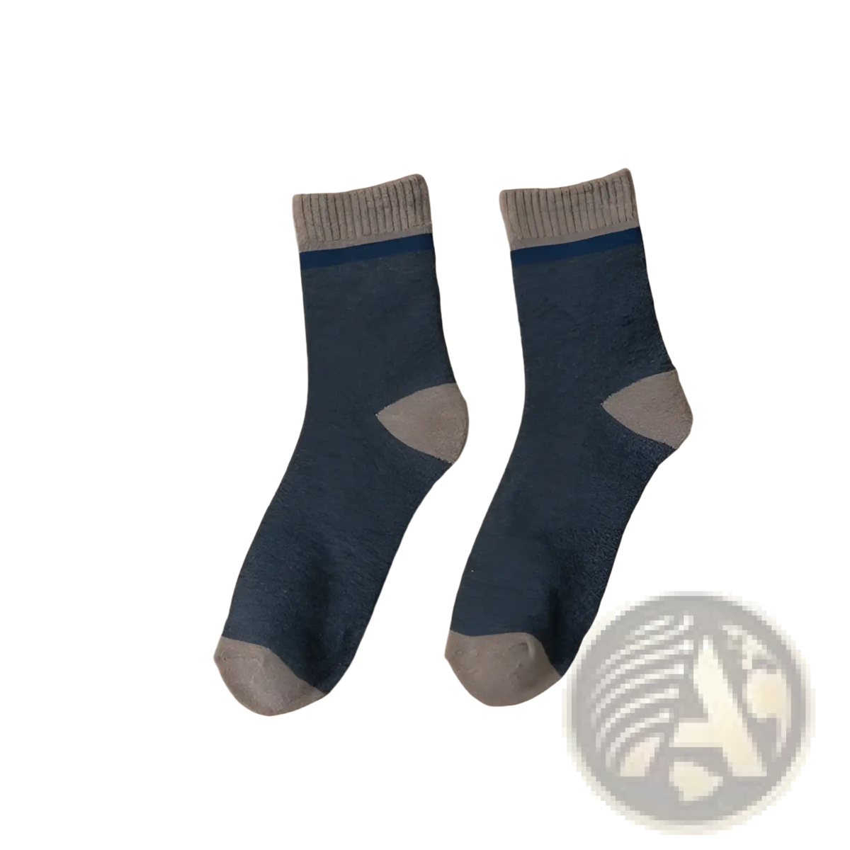 Thermal terry tube socks for men in dark grey with beige toe and heel accents and navy blue ribbed cuff trim