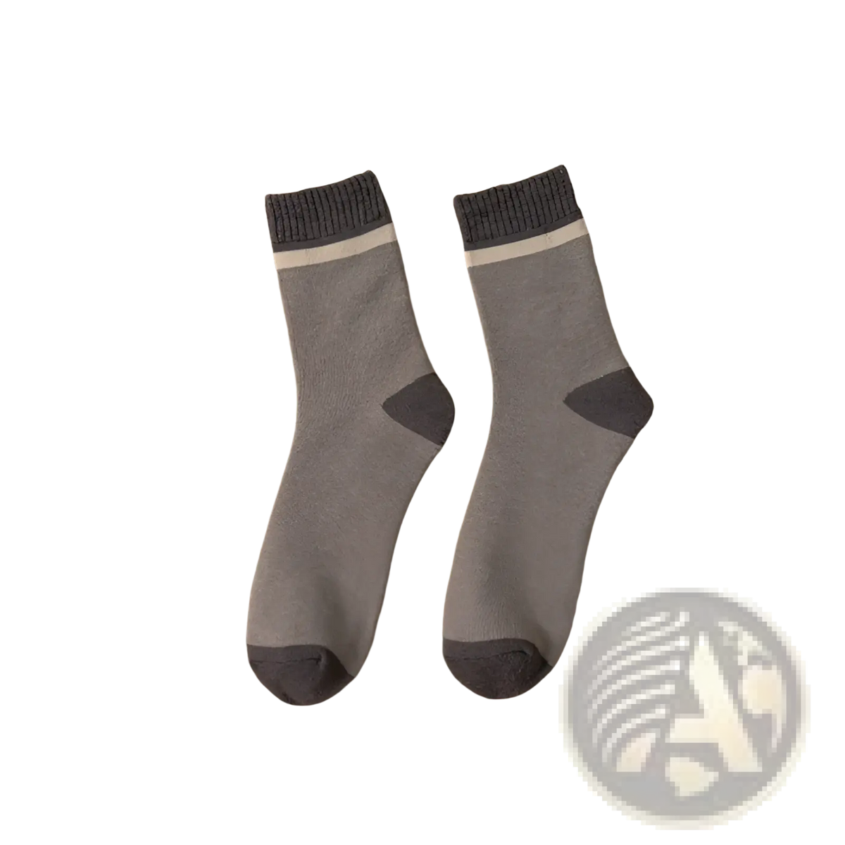 Thermal terry tube socks for men in khaki with ribbed dark gray cuff beige stripe and reinforced toe and heel