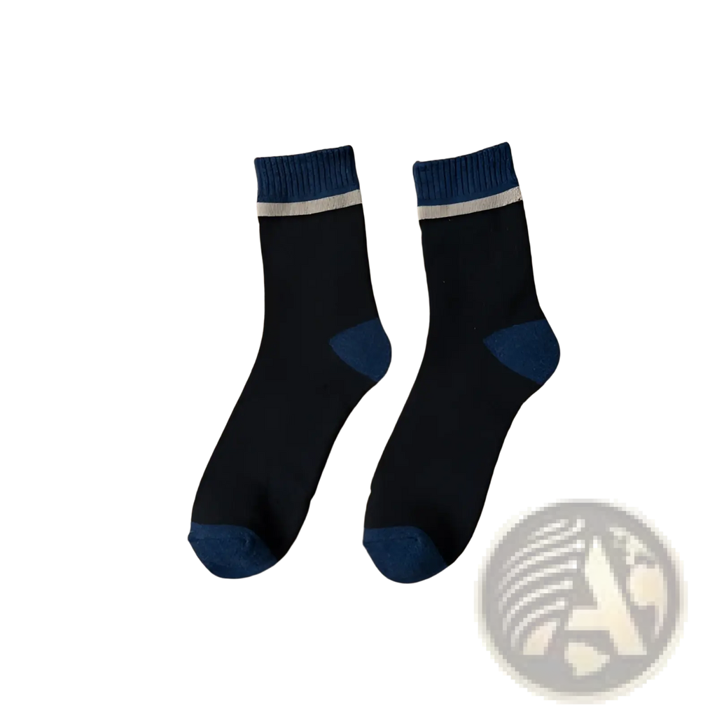 Thermal terry tube socks for men in black with navy blue accents and ribbed cuff featuring a white stripe