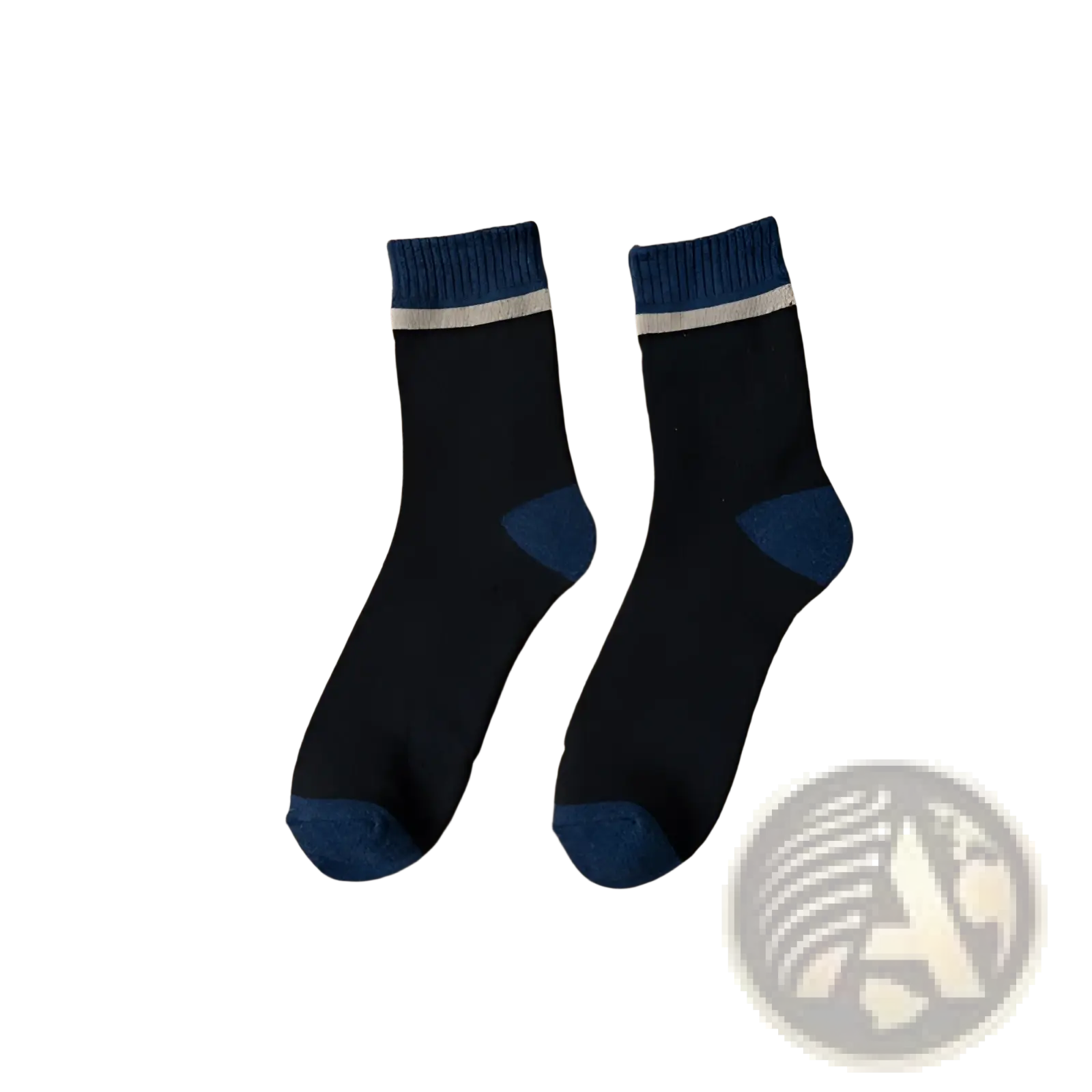 Thermal terry tube socks for men in black with navy blue accents and ribbed cuff featuring a white stripe