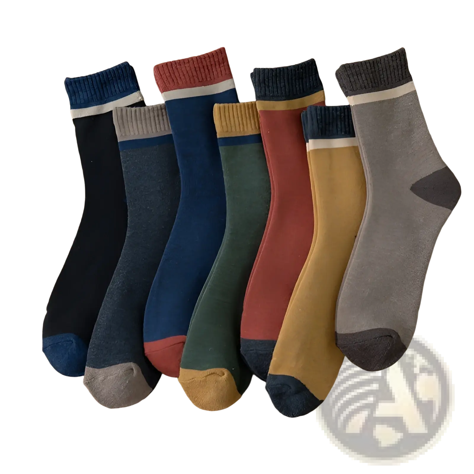 Set of six thermal terry tube crew socks for men in earthy tones with ribbed cuffs and toe accents