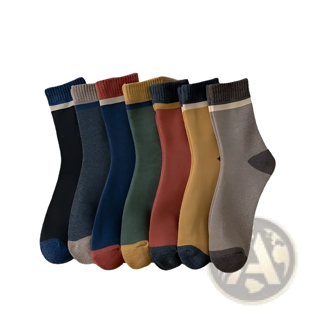 A set of six thermal terry tube socks for men in earthy tones with ribbed cuffs featuring contrasting white stripes