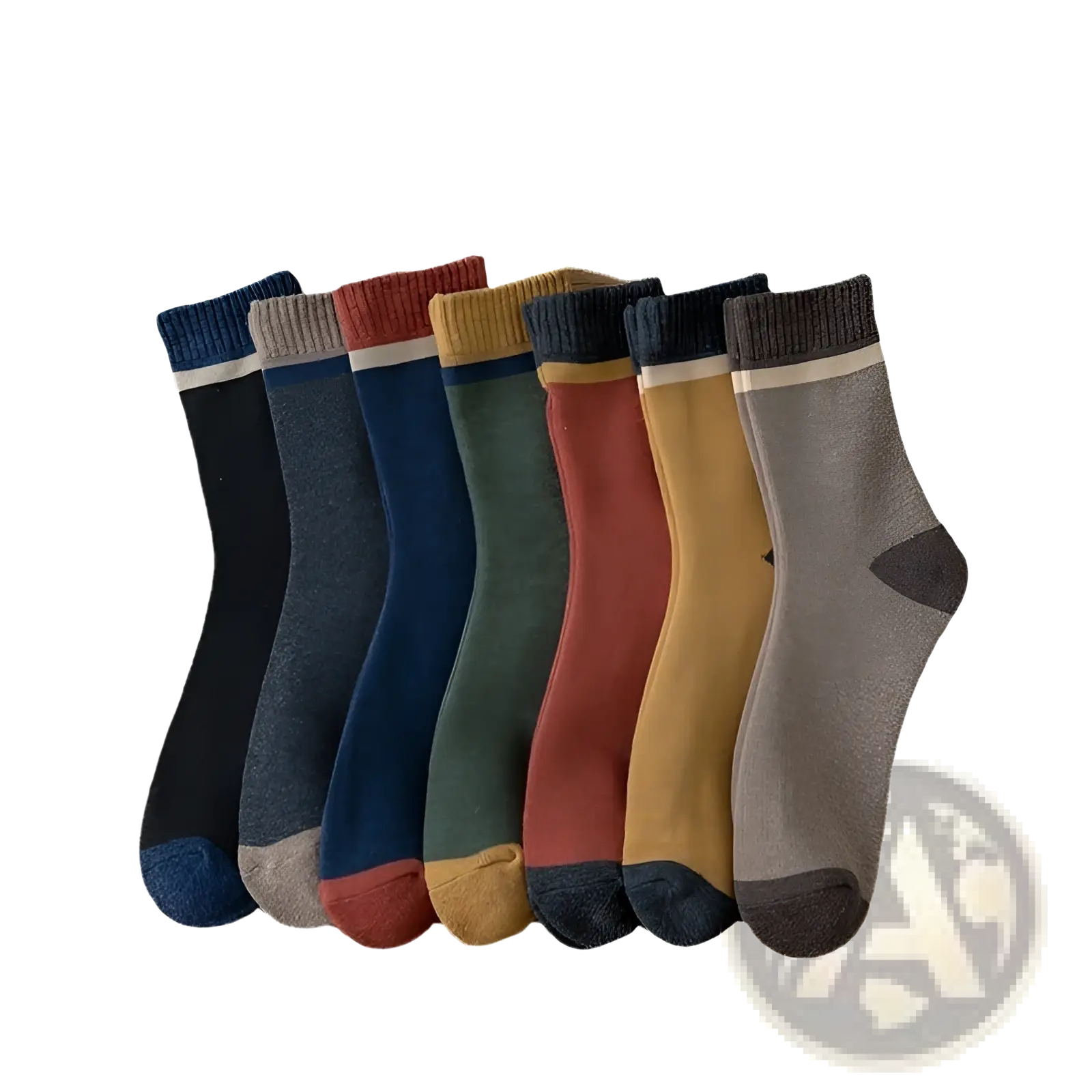 A set of six thermal terry tube socks for men in earthy tones with ribbed cuffs featuring contrasting white stripes