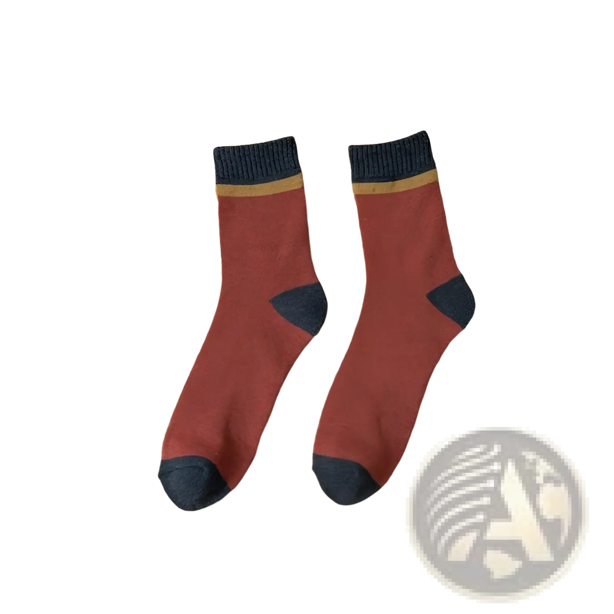 Thermal terry tube socks for men in rust red with dark gray toe and heel and mustard yellow cuff stripe