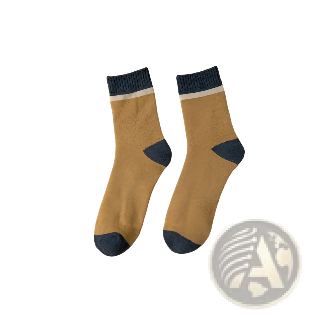 Thermal terry tube socks for men in tan ankle length with navy blue accents on toe heel and ribbed cuff