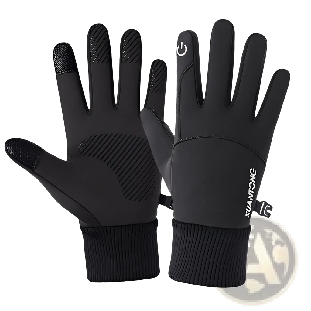 Black thermal touchscreen cycling gloves with textured fingertips ribbed cuffs and subtle brand logo on the back side
