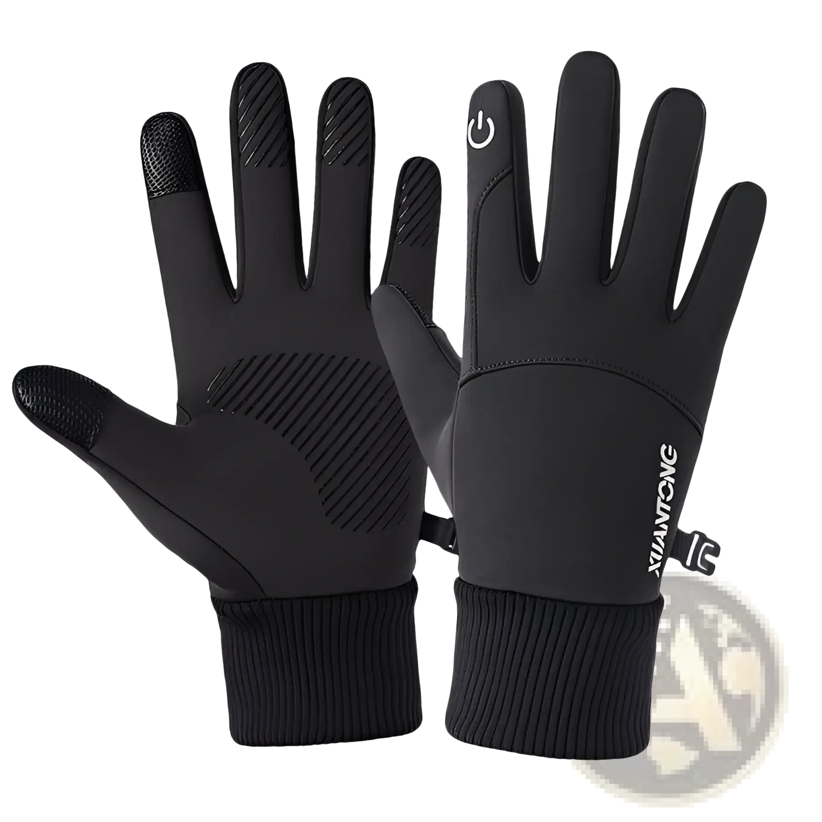 Black thermal touchscreen cycling gloves with textured fingertips ribbed cuffs and subtle brand logo on the back side