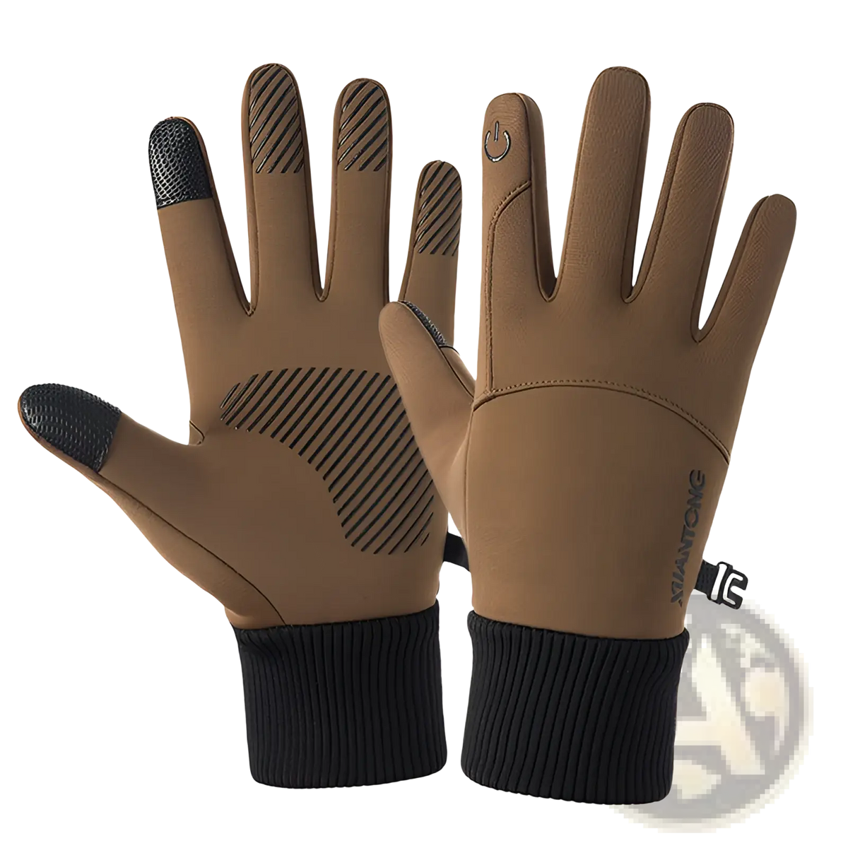 Brown thermal touchscreen cycling gloves with black fingertips ribbed cuffs and subtle brand logo on the wrist back side