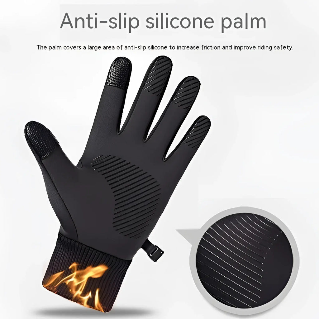 Thermal touchscreen cycling gloves in black with anti-slip silicone palm, textured grip, and ribbed cuff shown from back side