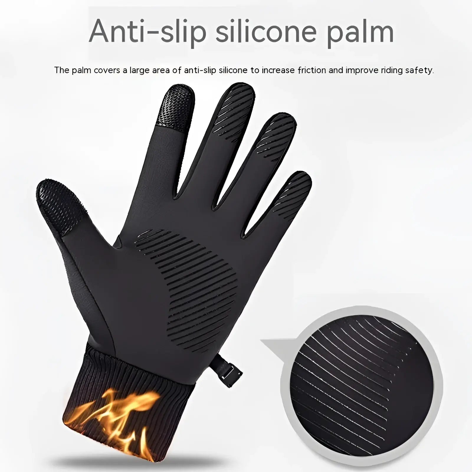 Thermal touchscreen cycling gloves in black with anti-slip silicone palm, textured grip, and ribbed cuff shown from back side