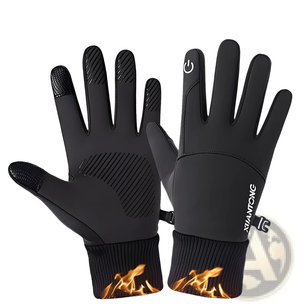 Black thermal touchscreen cycling gloves with flame-patterned cuffs and xuantong logo on the wrist back side