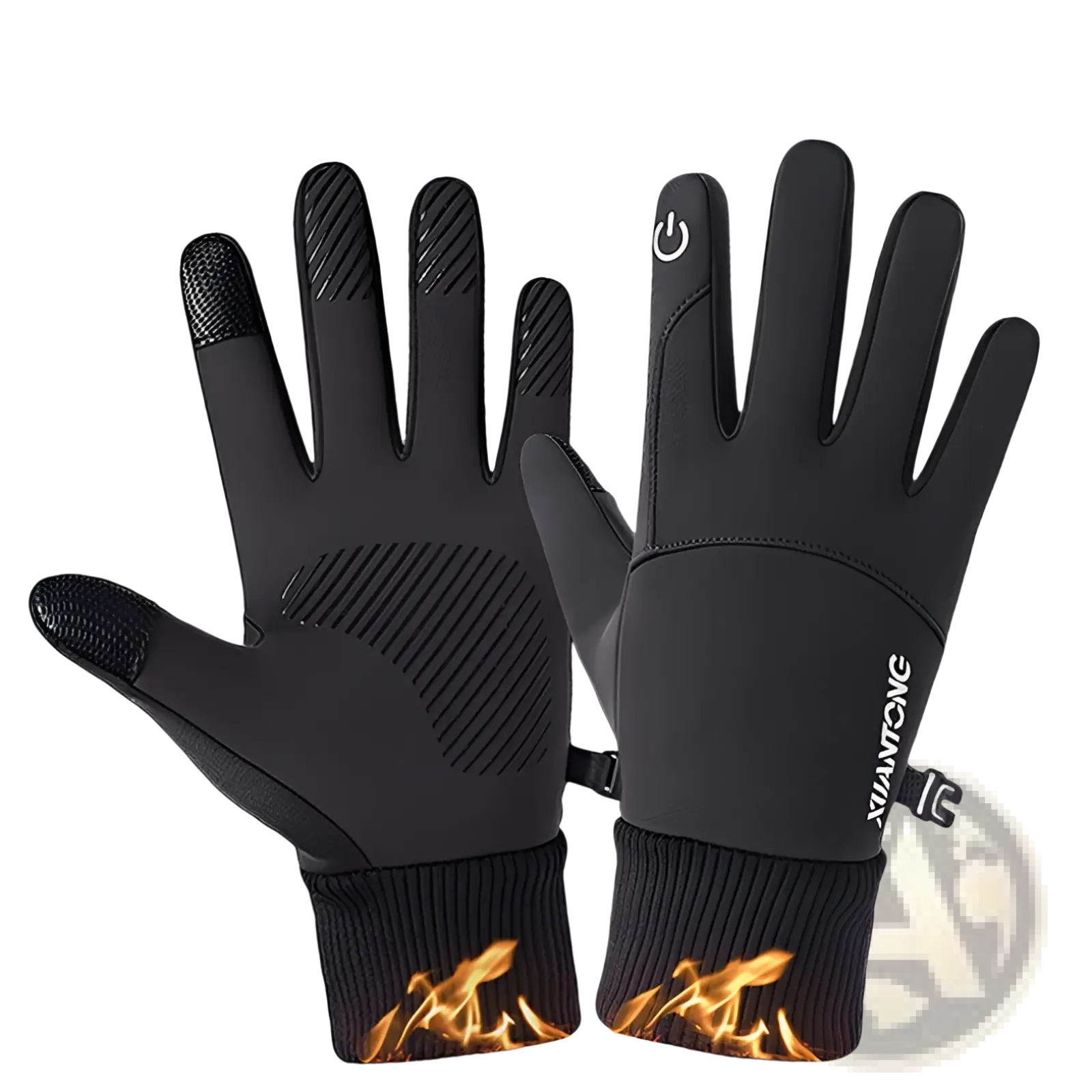 Black thermal touchscreen cycling gloves with flame-patterned cuffs and xuantong logo on the wrist back side