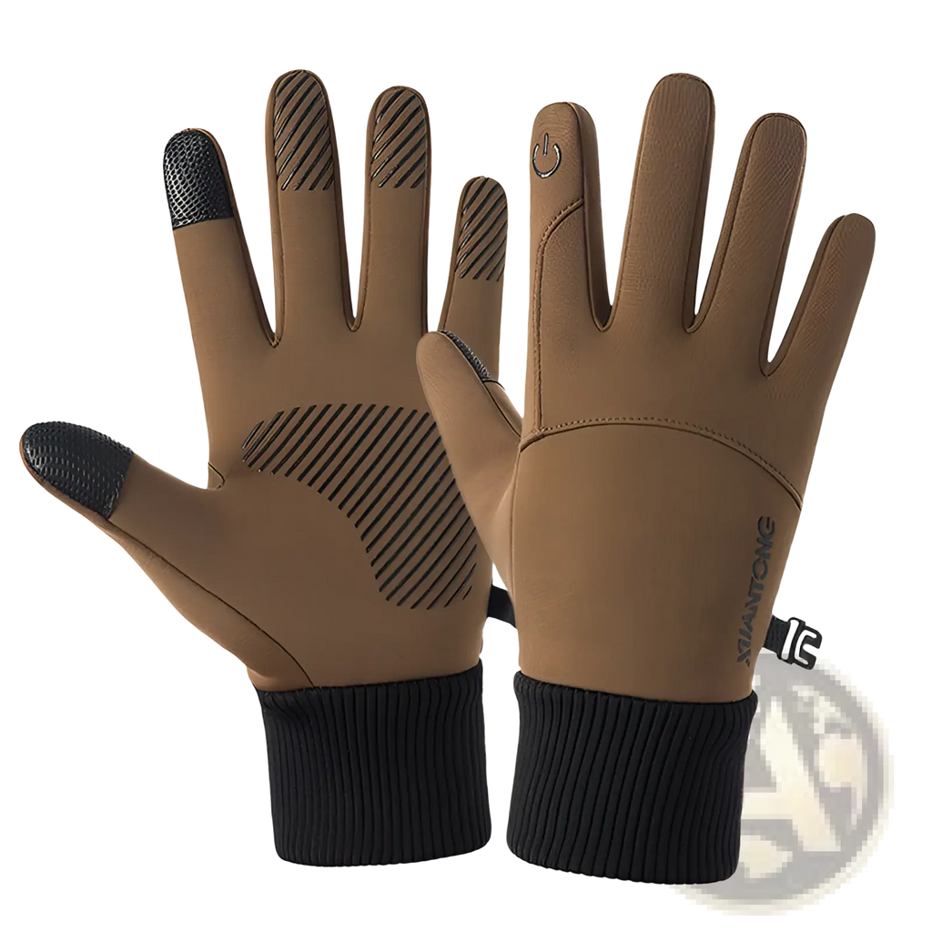 Brown thermal touchscreen cycling gloves with black fingertips ribbed cuffs and subtle brand logo on wrist back side view