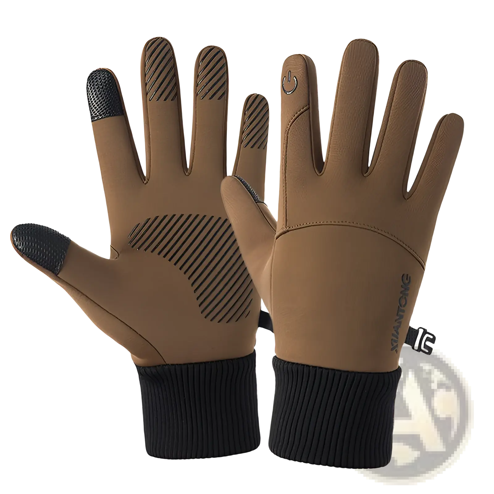 Brown thermal touchscreen cycling gloves with black fingertips ribbed cuffs and subtle brand logo on wrist back side view