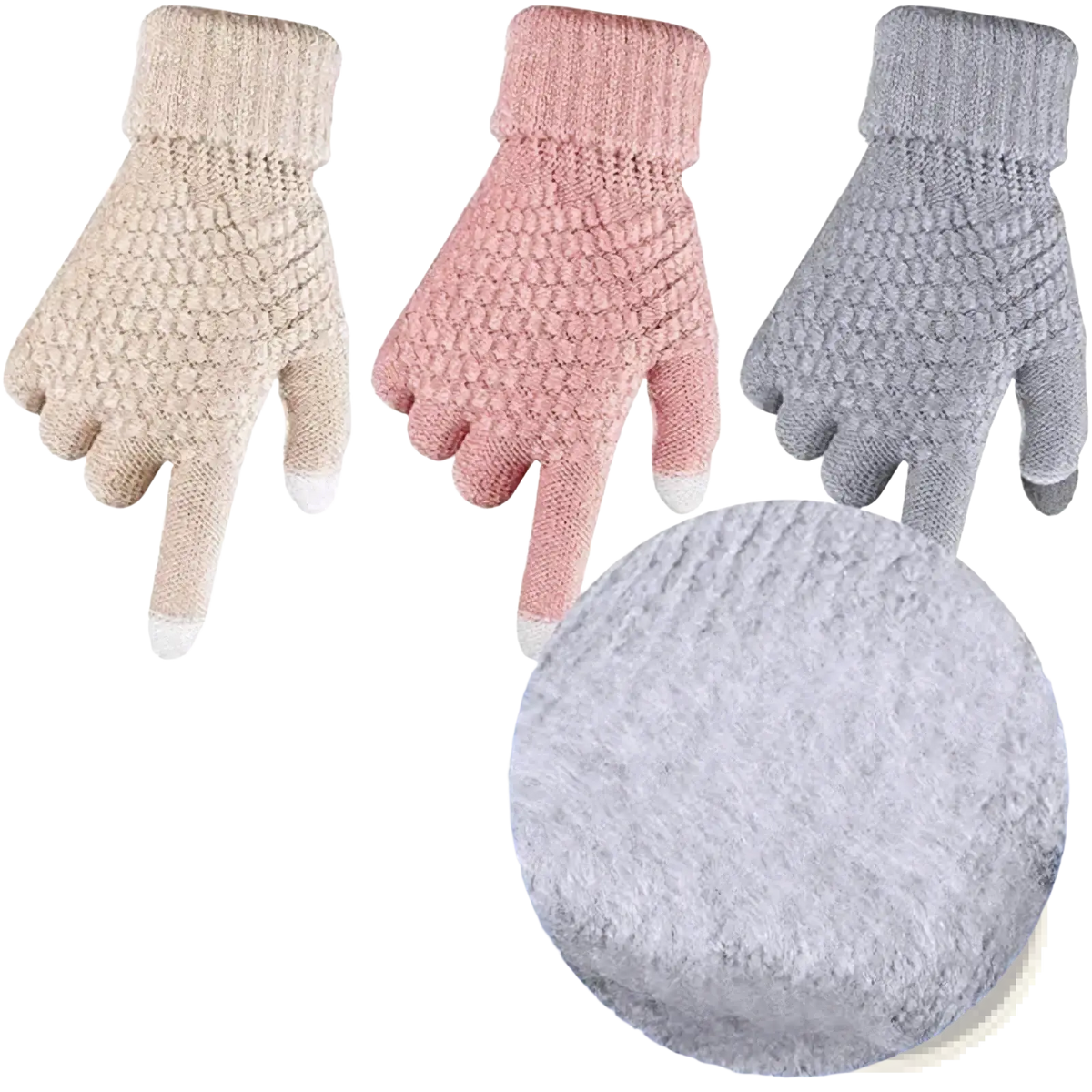 Thermal touchscreen winter gloves for men and women in beige pink and gray knit with white touchscreen fingertips