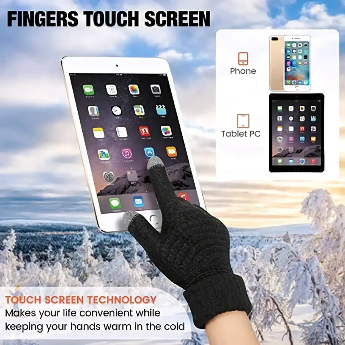 Black knitted thermal touchscreen winter gloves with fingertip design for use on phones and tablets for men and women