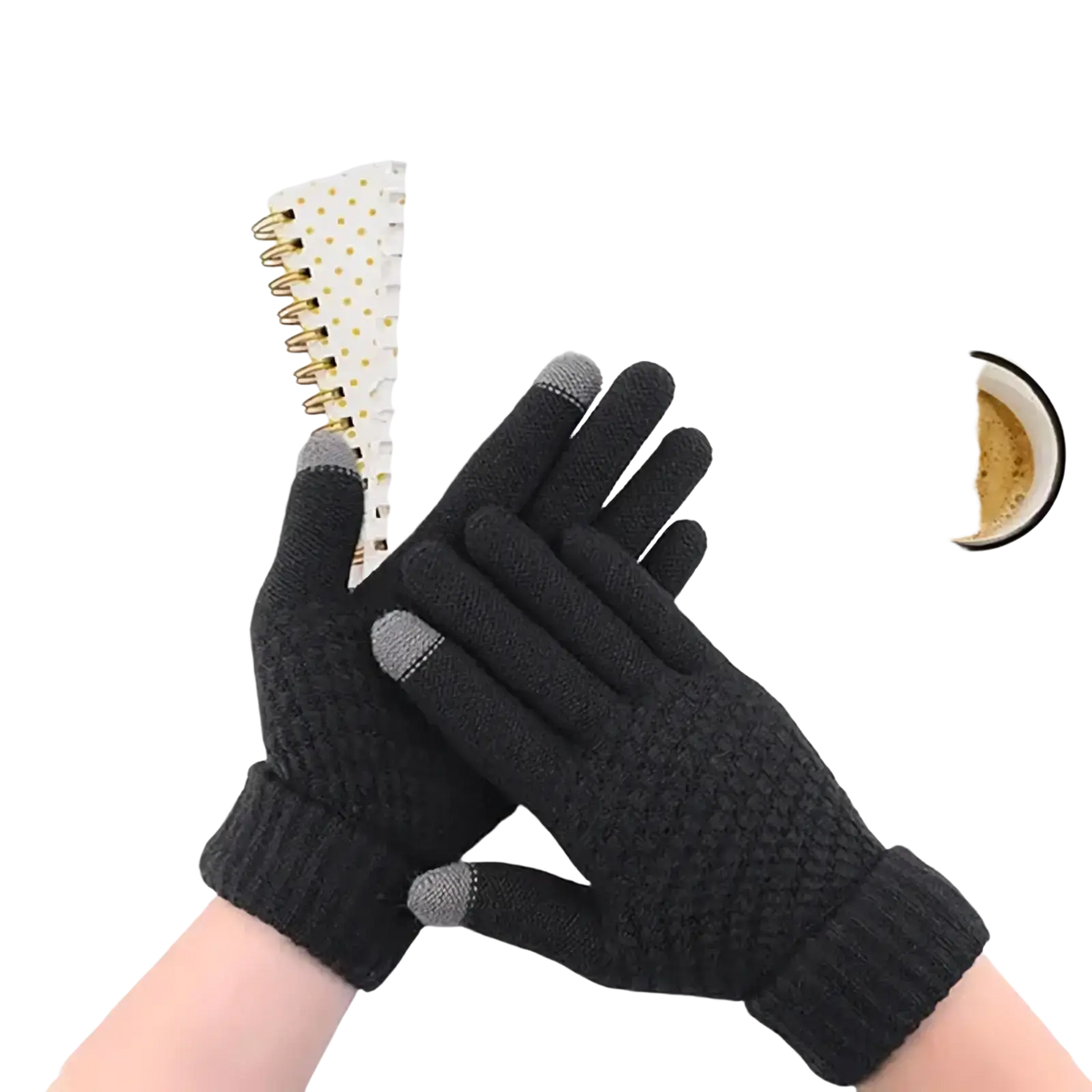 Black knitted thermal touchscreen winter gloves with gray fingertips for men and women use