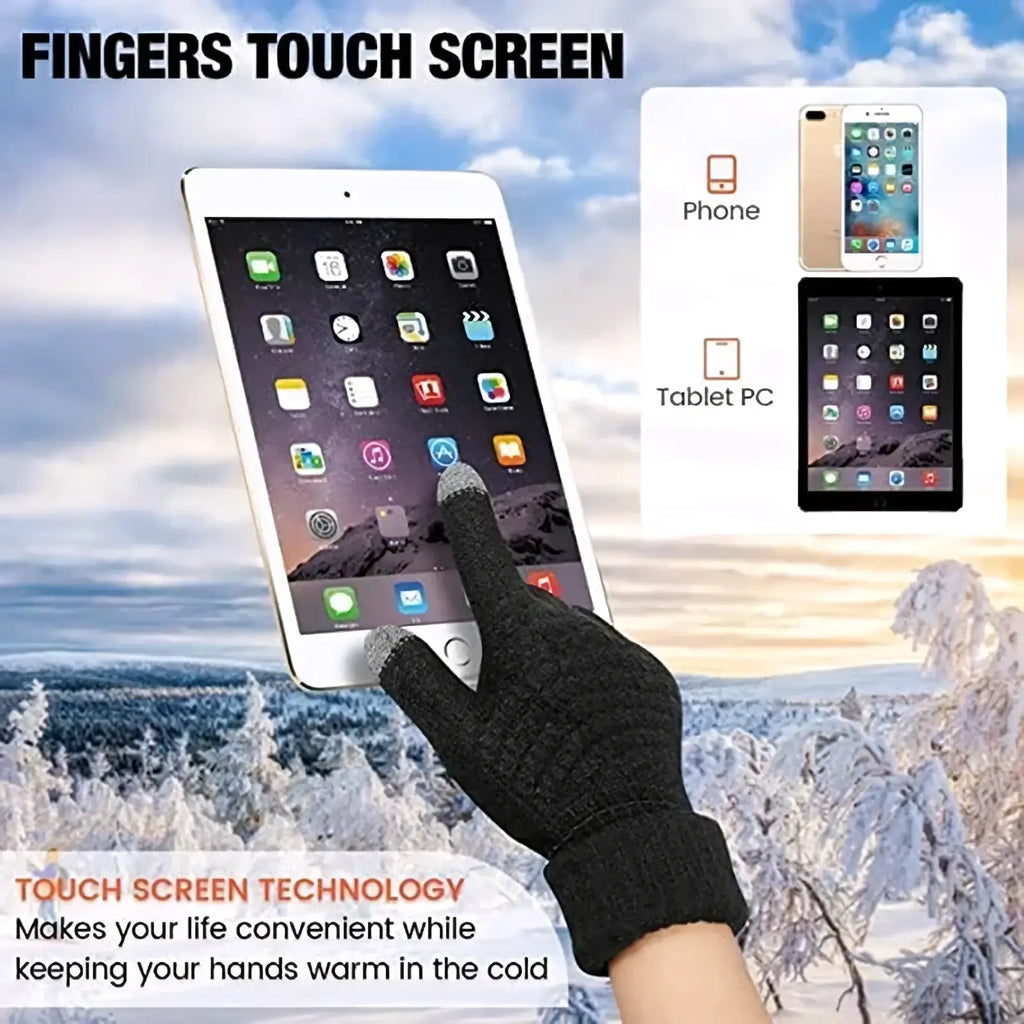 Black knitted thermal touchscreen winter glove with fingertip functionality for use on phones and tablets