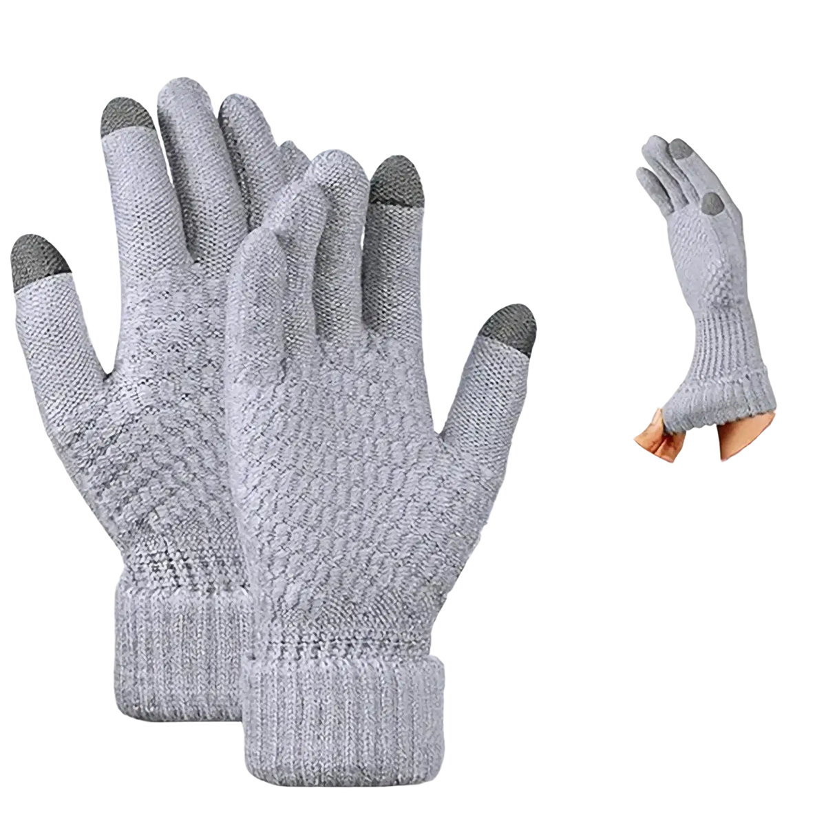 Gray knitted thermal touchscreen winter gloves with dark gray fingertips and ribbed cuff for men and women