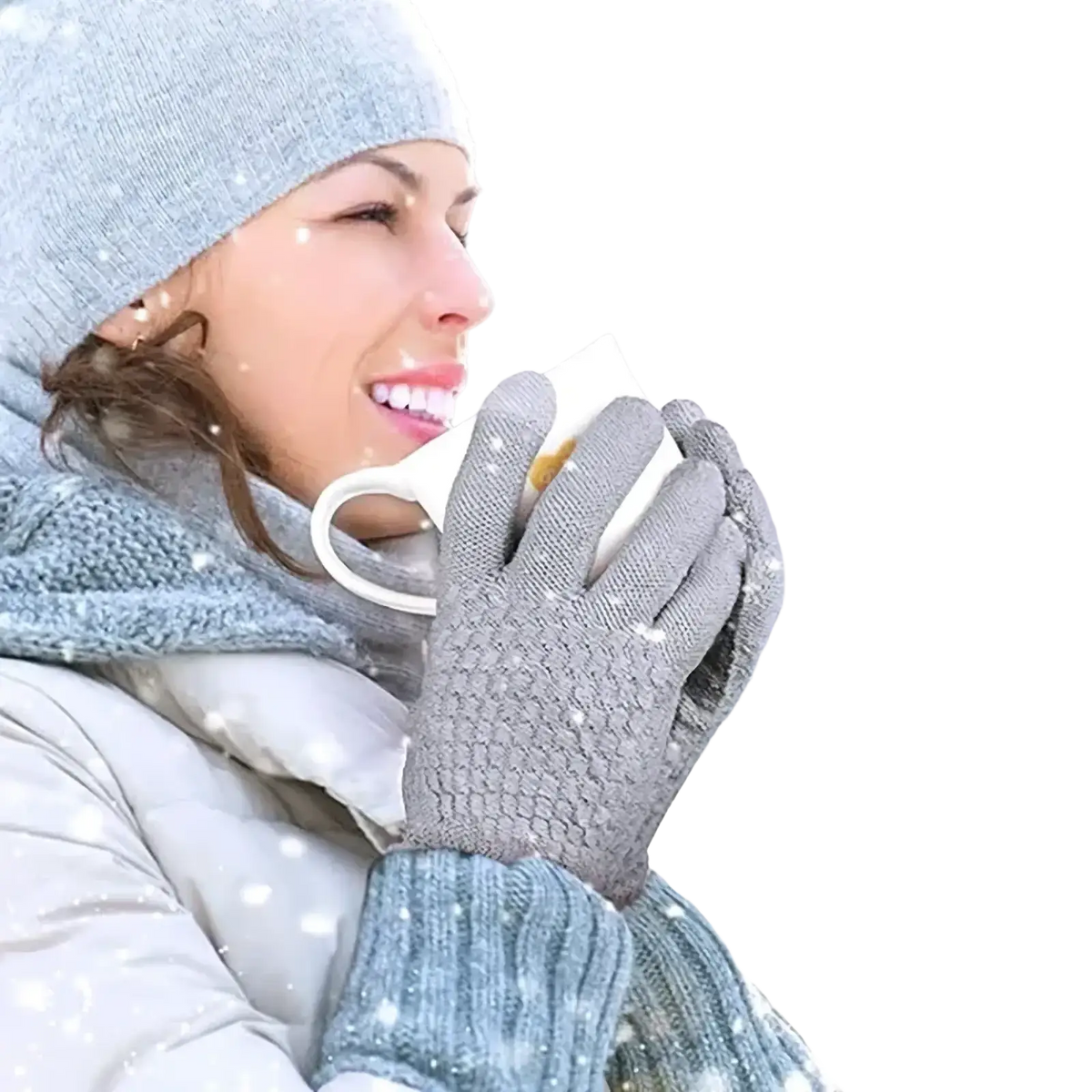Gray knitted thermal touchscreen winter gloves with textured pattern worn holding white mug for men and women