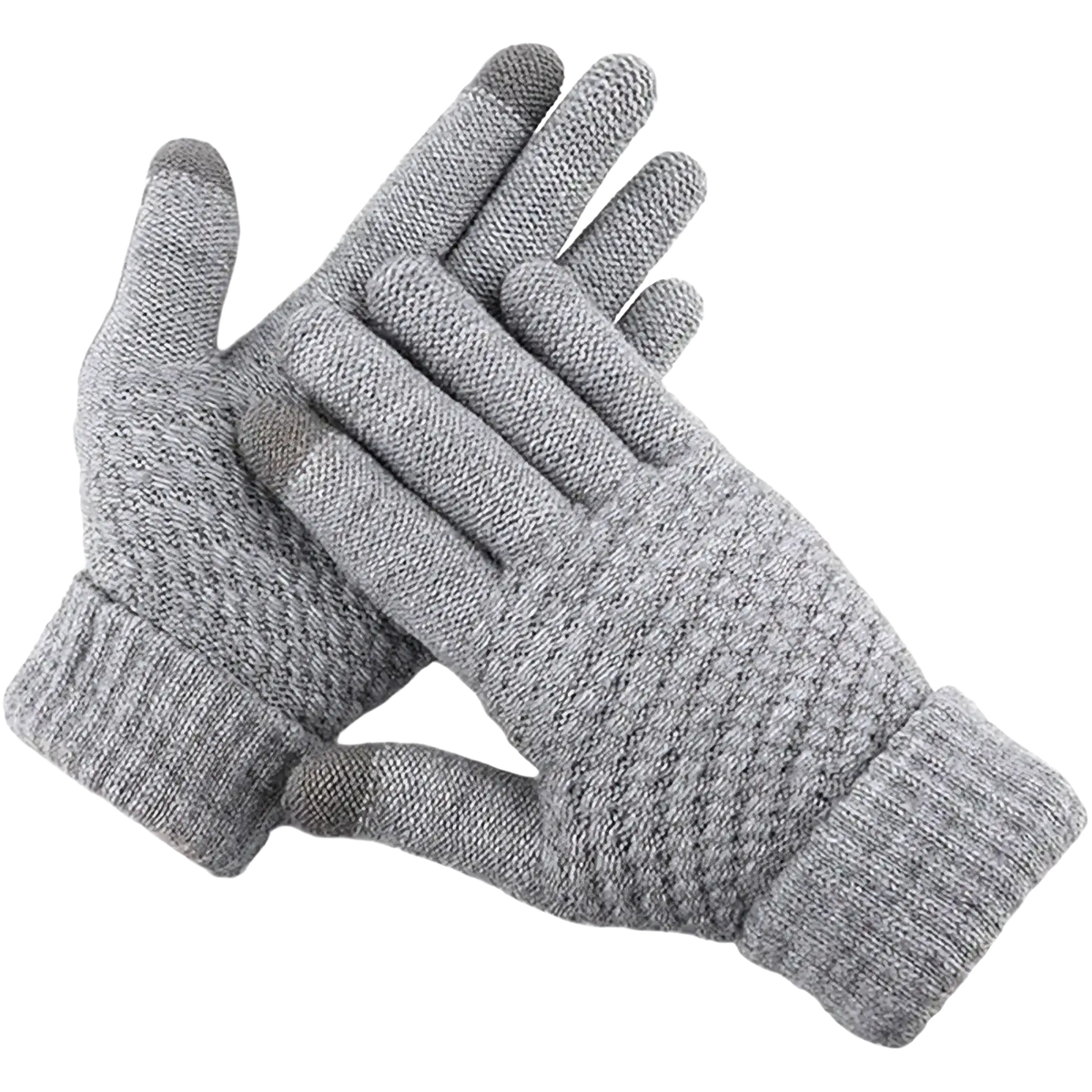 Gray knitted thermal touchscreen winter gloves with textured weave and ribbed cuffs for men and women shown from the back