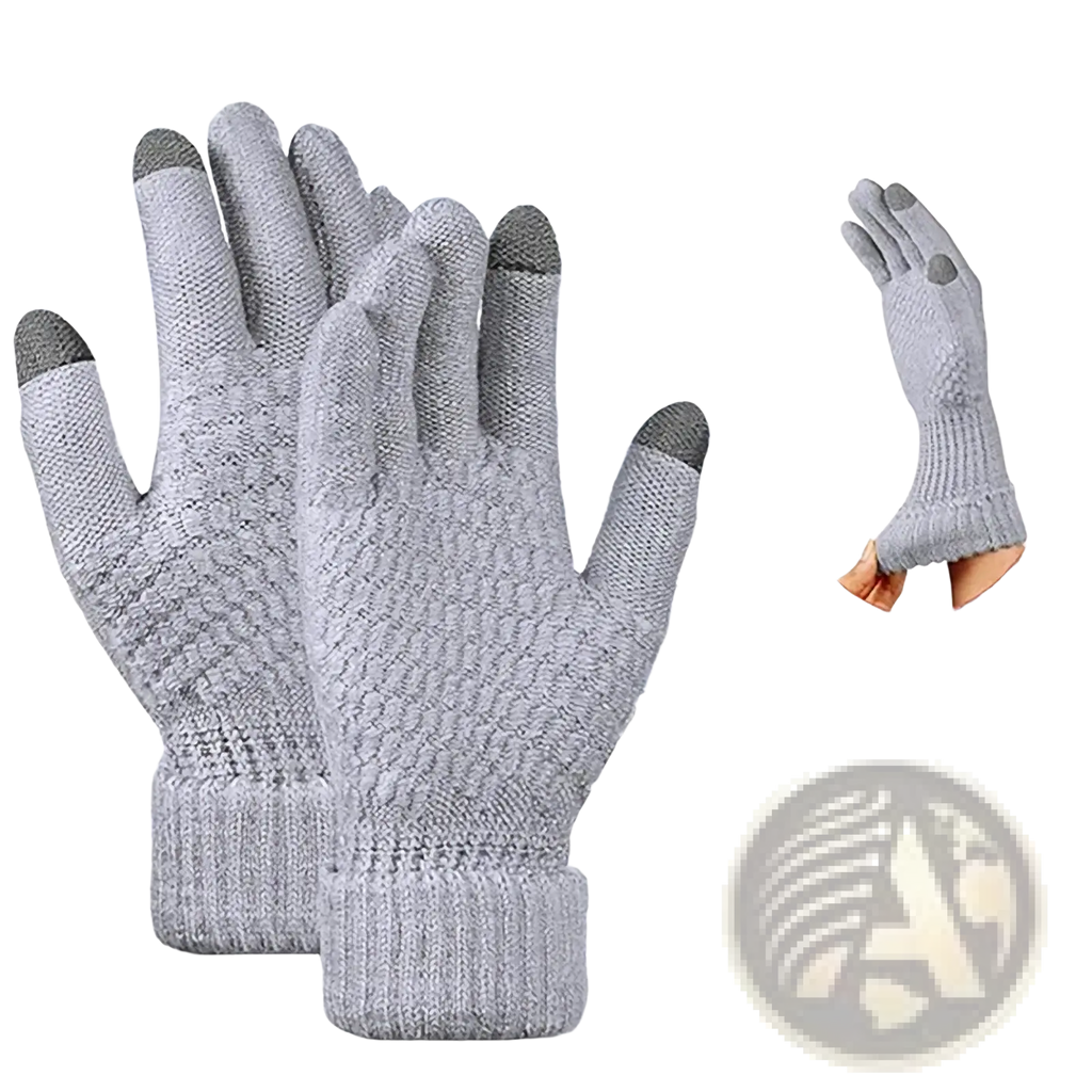 Gray knitted thermal touchscreen winter gloves with black fingertips and elastic cuff for men and women back side