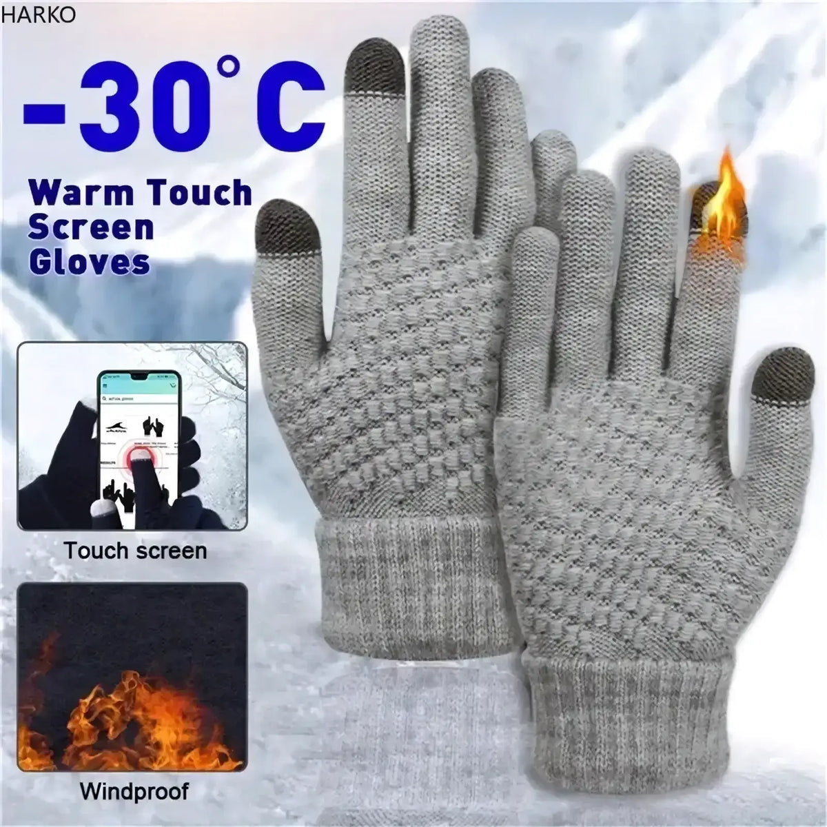 Gray knitted thermal touchscreen winter gloves with black fingertips designed for use in minus 30 degree Celsius weather