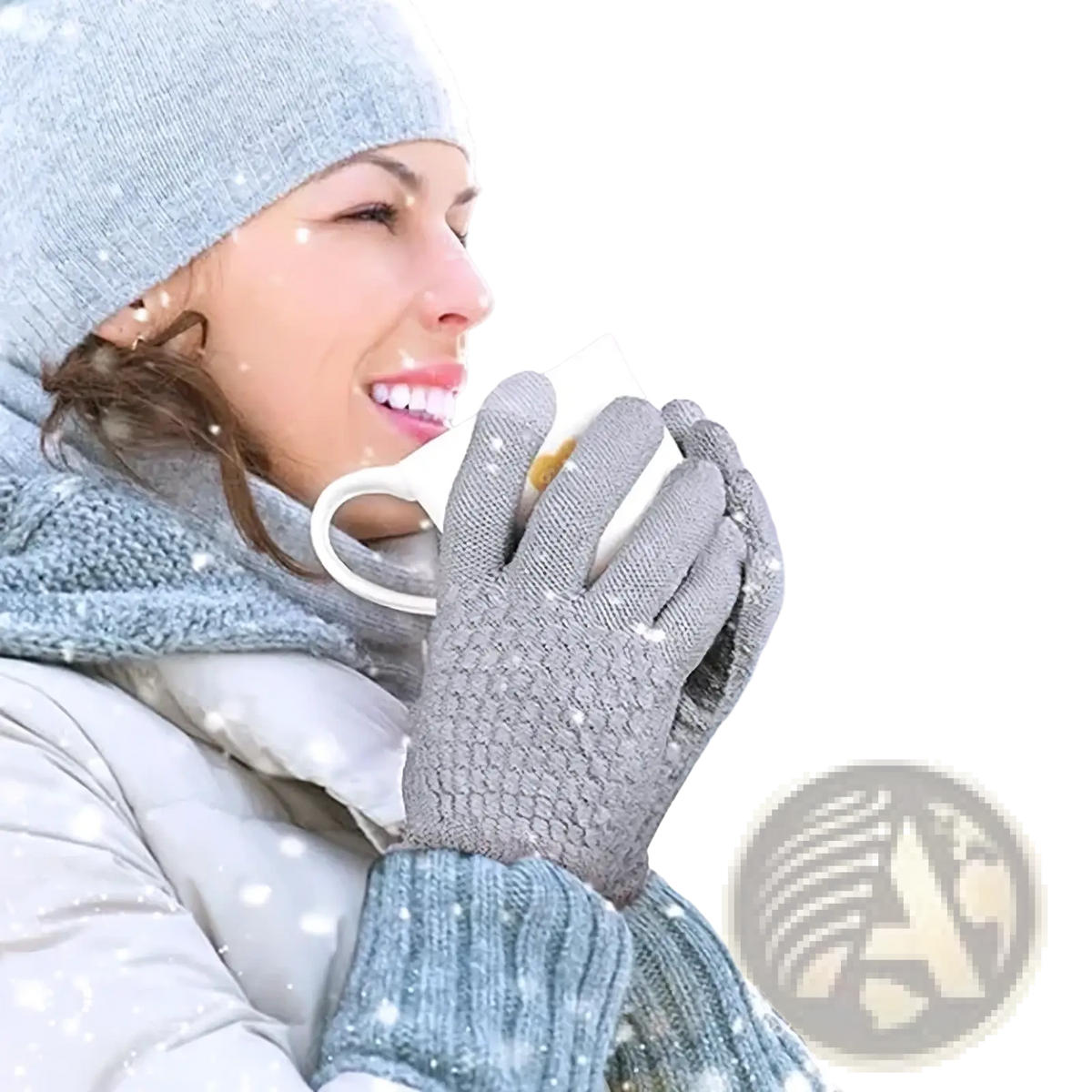 Gray knitted thermal touchscreen winter gloves with textured pattern worn holding white mug in snowy weather