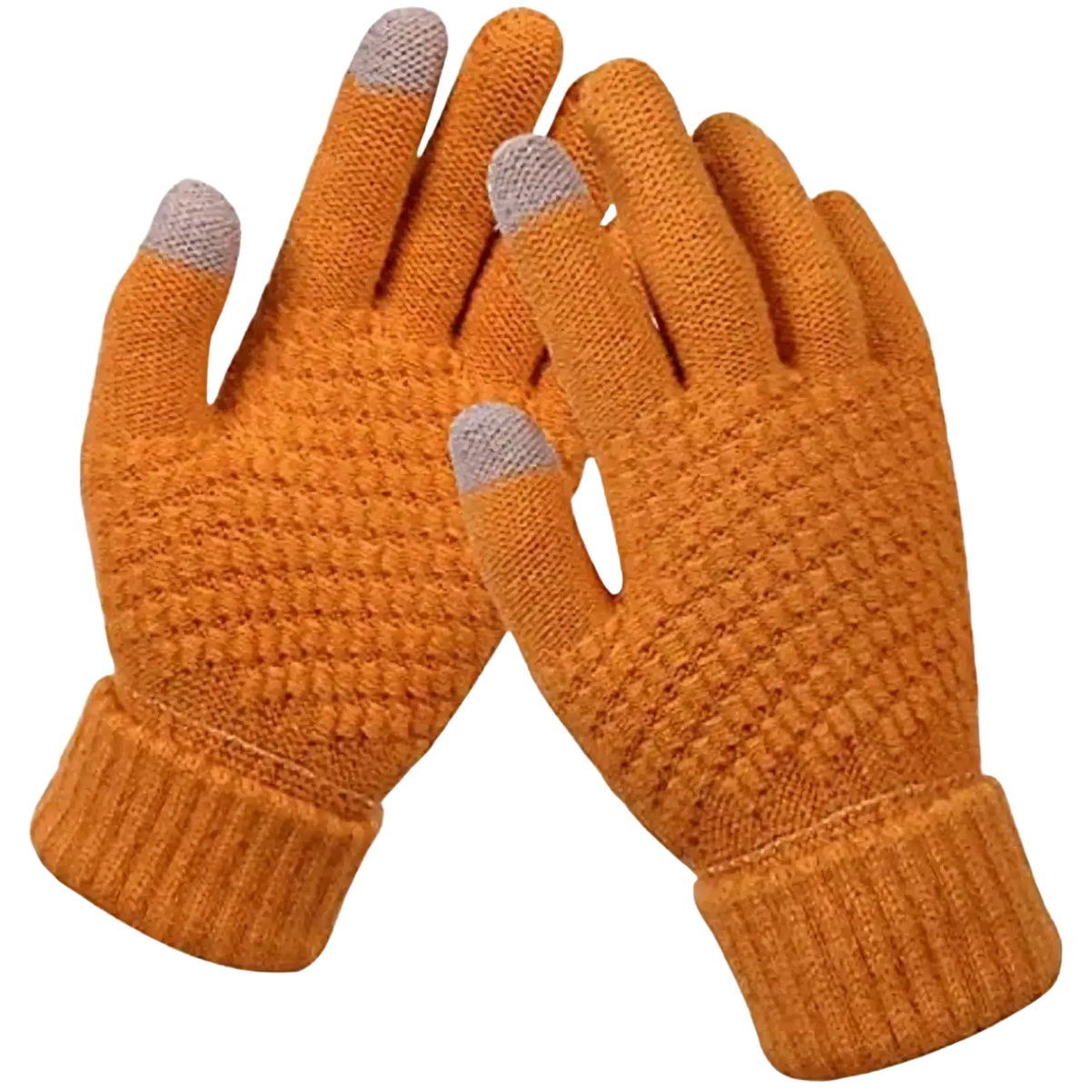 Warm orange thermal touchscreen winter gloves with gray knitted fingertips for men and women use