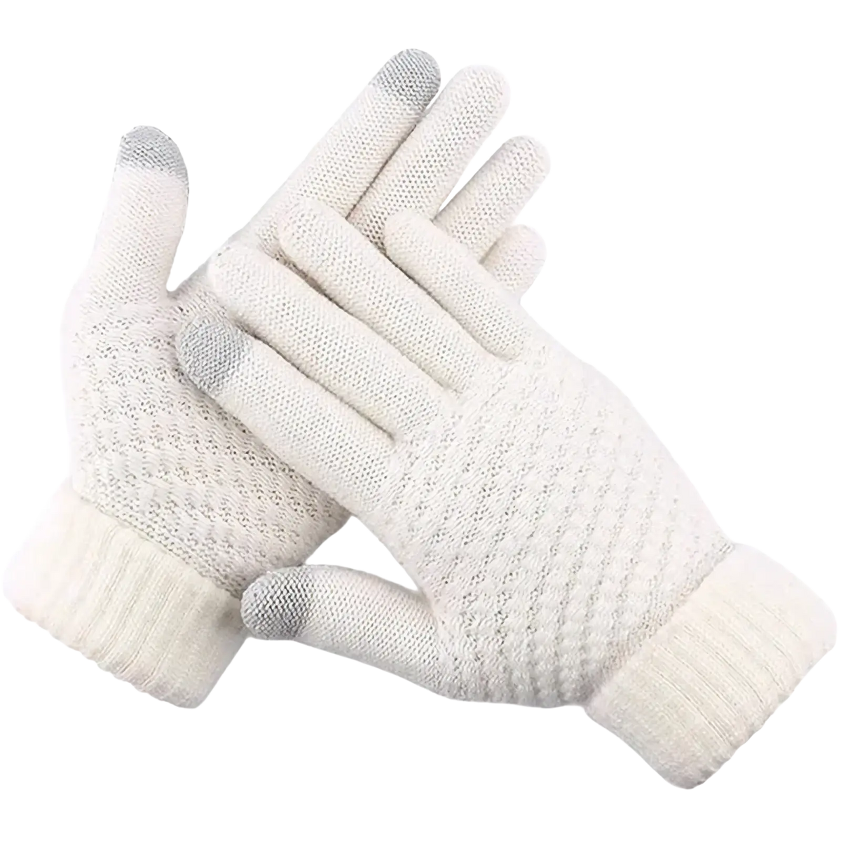 White knitted thermal touchscreen winter gloves with gray fingertips and ribbed cuffs for men and women