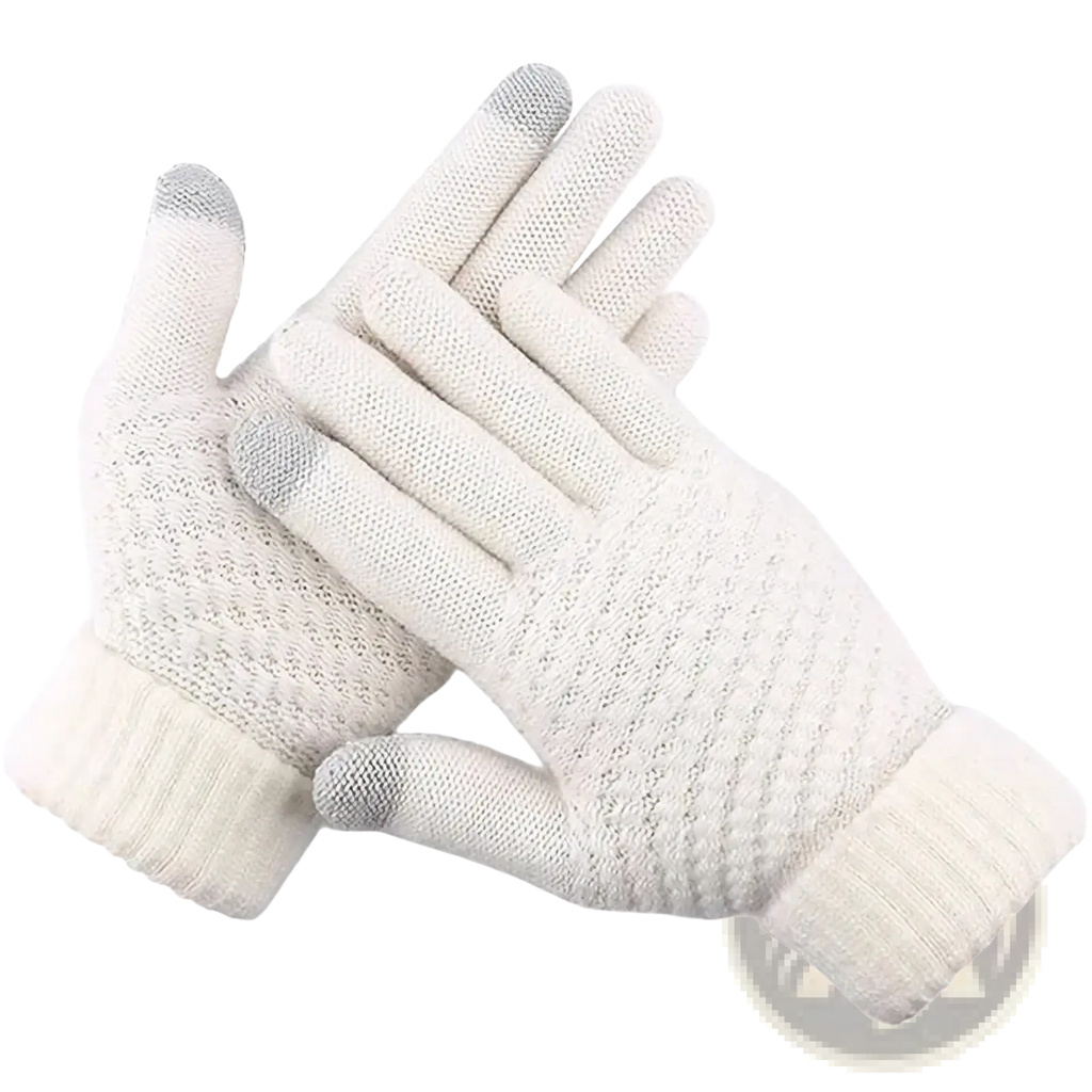White knitted thermal touchscreen winter gloves with gray fingertips and ribbed cuffs for men and women