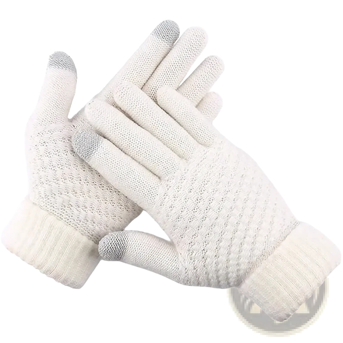 White knitted thermal touchscreen winter gloves with gray fingertips and ribbed cuffs for men and women