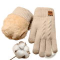 Beige knitted thermal touchscreen winter gloves for women with fuzzy interior and new jund label on the wrist