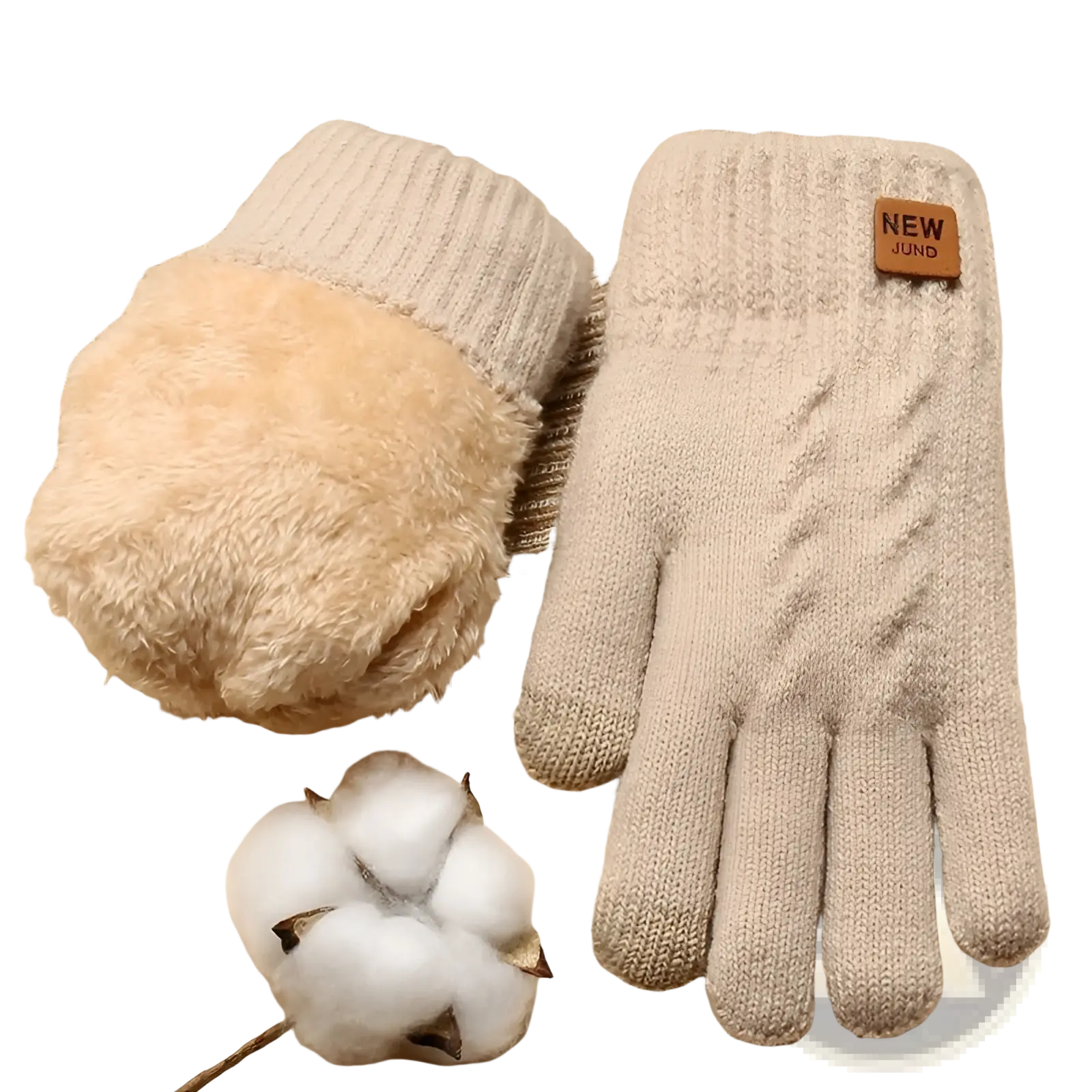 Beige knitted thermal touchscreen winter gloves for women with fuzzy interior and new jund label on the wrist