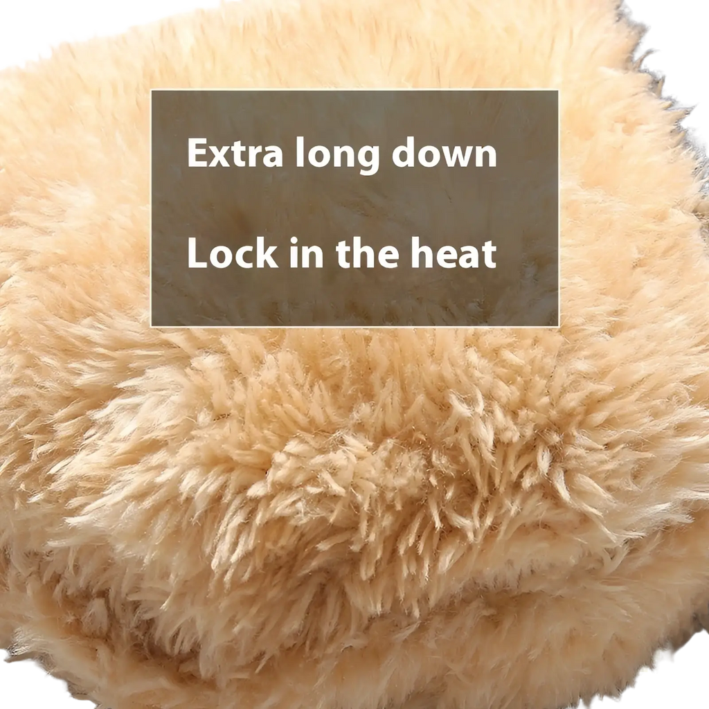 Beige plush down-filled hood with long fluffy fibers for warmth shown with thermal touchscreen winter gloves for women