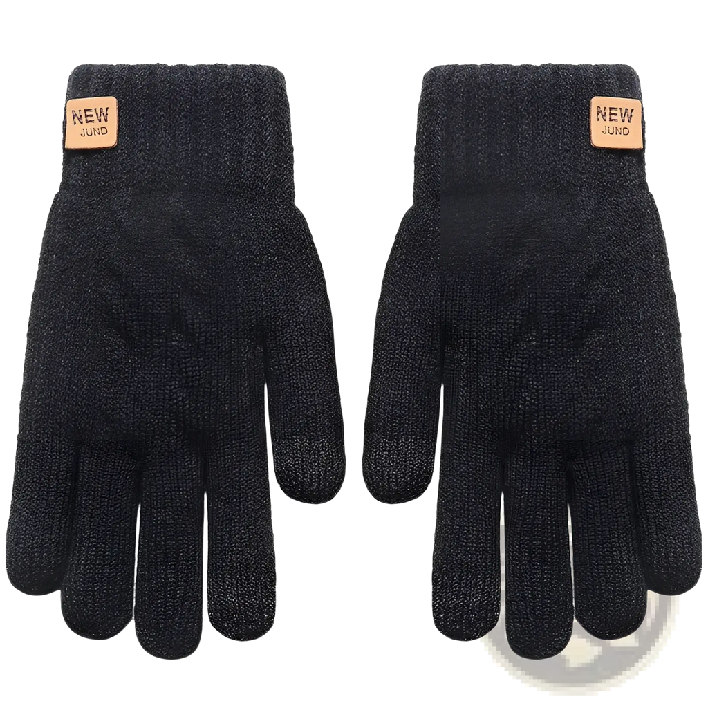 Black knitted thermal touchscreen winter gloves for women with cable knit pattern and tan new jund brand tags on wrist