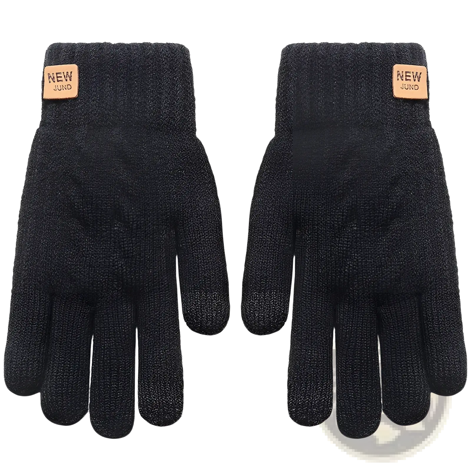 Black knitted thermal touchscreen winter gloves for women with cable knit pattern and tan new jund brand tags on wrist