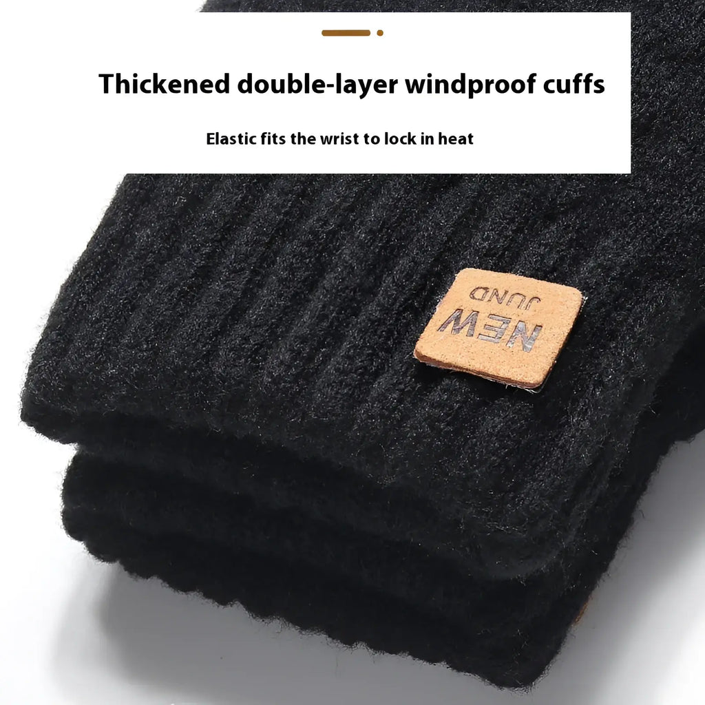 Black knitted woolen thermal touchscreen winter gloves for women with thickened double-layer windproof cuffs and leather patch label
