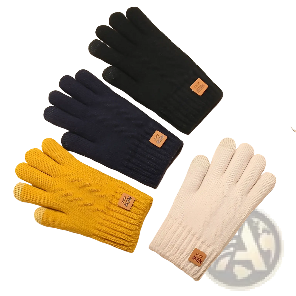 Set of four thermal touchscreen winter gloves for women in black navy mustard and beige knitted fabric with leather patches