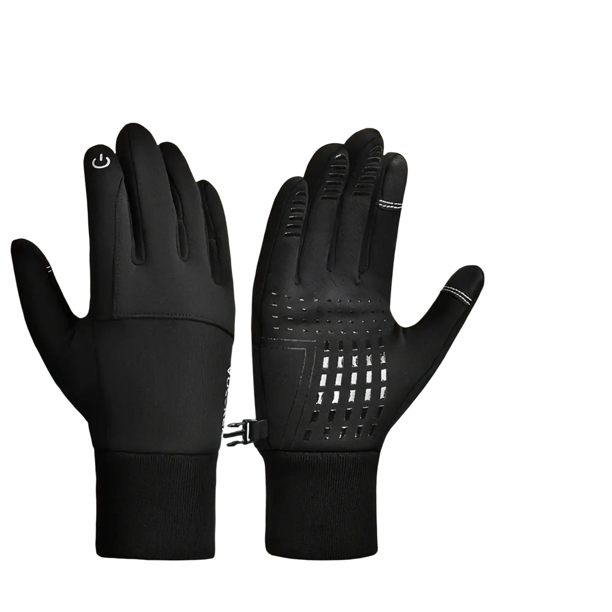 Black thermal touchscreen winter sports cycling gloves with perforated palm and reinforced fingertips shown from the back side